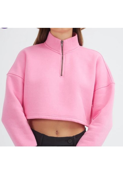 Kadın Pembe Şardonlu Oversize Dik Yaka Fermuarlı Örme Sweatshirt