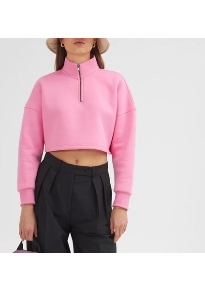 Kadın Pembe Şardonlu Oversize Dik Yaka Fermuarlı Örme Sweatshirt