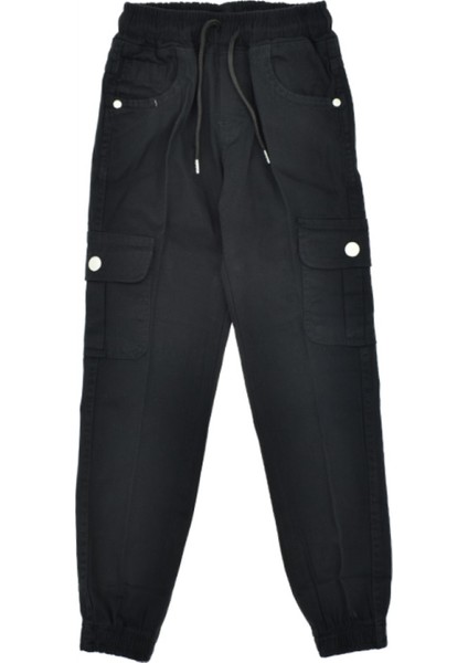 Erkek Çocuk /kız Çocuk Bel Bilek Lastikli Kargo Cepli Siyah Renk Gabardin Pantolon