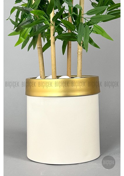 Yapay Bambu Ağacı 140CM Krem Gold Metal Saksıda