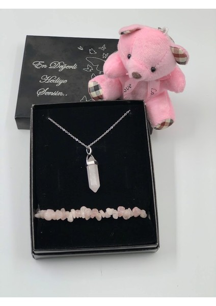 Sevgiliye En Doğal Hediye Seti Ayıcık Anahtarlık Pembe Kuvars Kolye ve Doğal Taş Bileklik