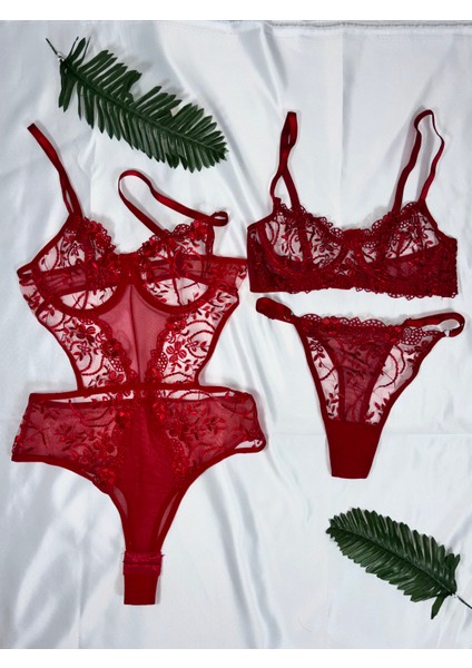 Kırmızı Dantelli Çıtçıtlı Dekolteli Tül Detaylı Kadın Bodysuit Sütyen Takımı fırsatları