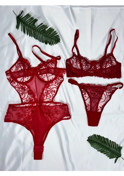 Kırmızı Dantelli Çıtçıtlı Dekolteli Tül Detaylı Kadın Bodysuit Sütyen Takımı indirimleri