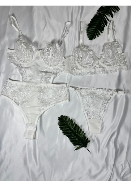 Beyaz Dantelli Çıtçıtlı Dekolteli Tül Detaylı Kadın Bodysuit Sütyen Takımı modelleri