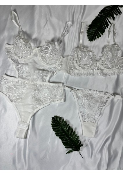 Beyaz Dantelli Çıtçıtlı Dekolteli Tül Detaylı Kadın Bodysuit Sütyen Takımı indirimleri