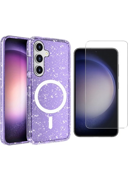Galaxy S25 Kılıf Magsafe Şarj Özellikli Parlayan Simli Saydam Renkli Zore Allstar Kapak + Nano Ekran Koruyucu