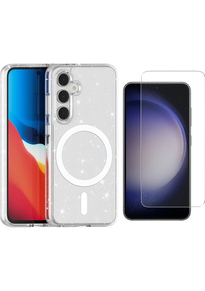 Galaxy S24 FE Kılıf Magsafe Şarj Özellikli Parlayan Simli Saydam Renkli Zore Allstar Kapak+ Nano Ekran Koruyucu