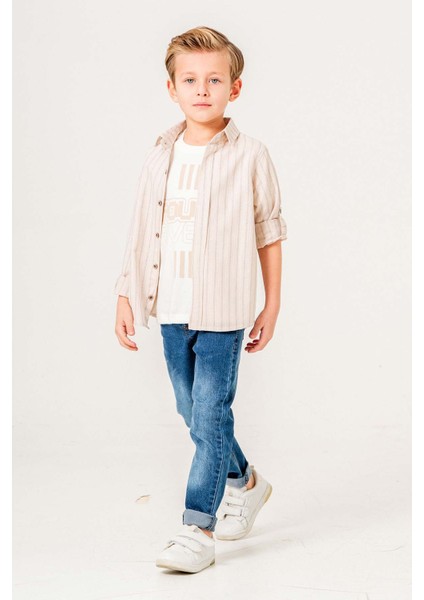 Çizgi Desenli Kot Pantolonlu 3 Parça Erkek Çocuk Gömlekli Takım fırsatları