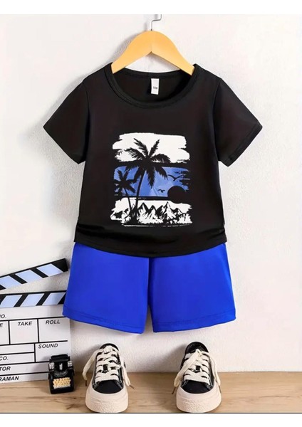 Punıx Kıds Özel Üretim Şeritli Palmiye Baskılı Yeni Stil Erkek Çocuk T-Shırt Şort Takım