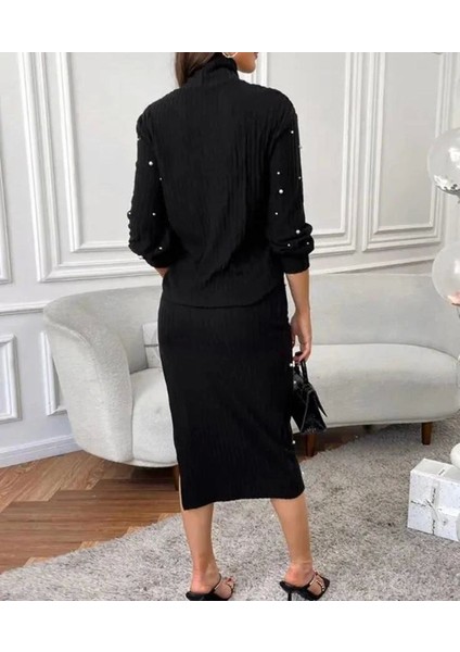 Kadın Balıkçı Yaka Inci Detay Kazak ve Yırtmaç Detay Etek Fırsat Ürün Ikili Takım modelleri