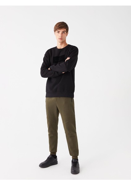 Siyah Bisiklet Yaka Uzun Kollu Baskılı Erkek Kalın Sweatshirt