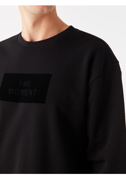 Siyah Bisiklet Yaka Uzun Kollu Baskılı Erkek Kalın Sweatshirt