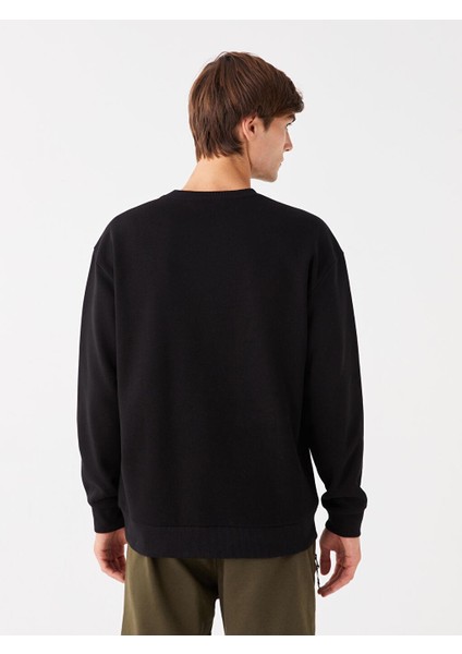 Siyah Bisiklet Yaka Uzun Kollu Baskılı Erkek Kalın Sweatshirt