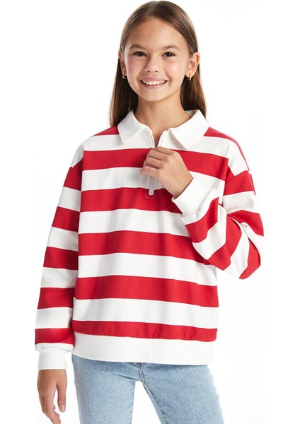 Kırmızı Polo Yaka Kız Çocuk Kalın Sweatshirt