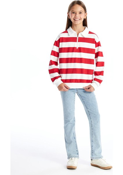 Kırmızı Polo Yaka Kız Çocuk Kalın Sweatshirt