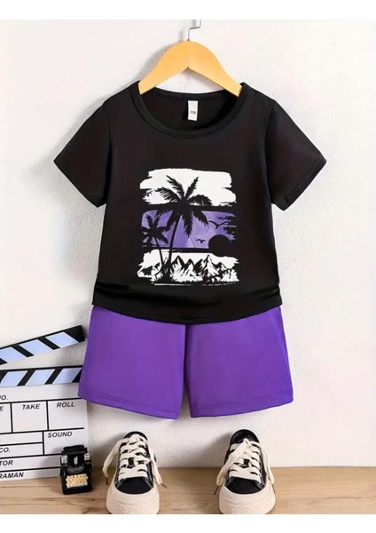 Punıx Kıds Özel Üretim Şeritli Palmiye Baskılı Yeni Stil Erkek Çocuk T-Shırt Şort Takım