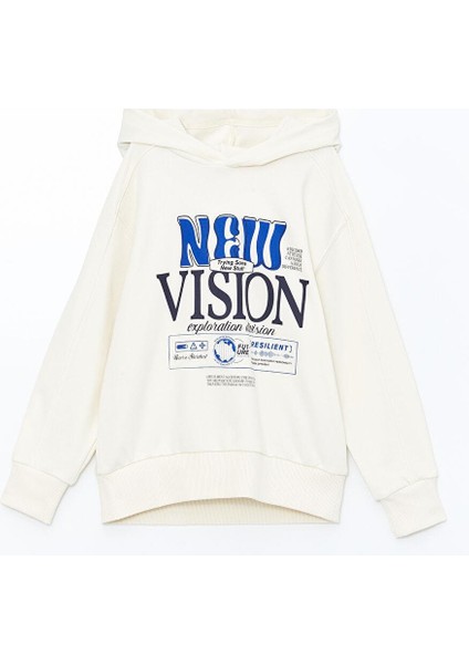 Ekru Kapüşonlu Baskılı Uzun Kollu Erkek Çocuk Sweatshirt