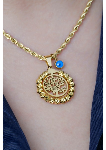 Kadın Çelik Hayat Ağacı Detay Etrafı Dorika Burgu Zincir Kolye Gold fiyatları