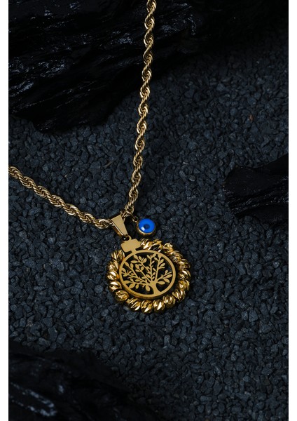 Kadın Çelik Hayat Ağacı Detay Etrafı Dorika Burgu Zincir Kolye Gold modelleri