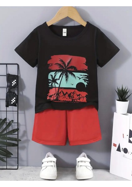 Punıx Kıds Özel Üretim Şeritli Palmiye Baskılı Yeni Stil Erkek Çocuk T-Shırt Şort Takım