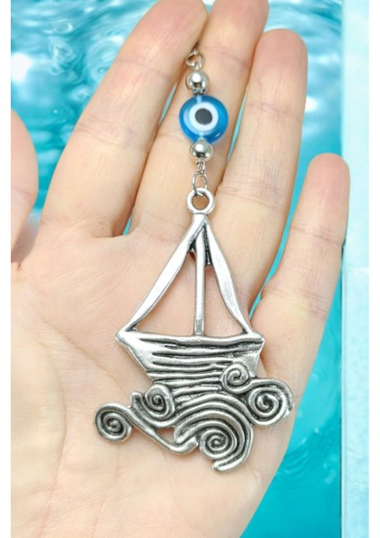 Metal Yelkenli Araba Dikiz Ayna Süsü, El Yapımı Cam Turkuaz Nazar Boncuğu Yeni Araba Hediyesi