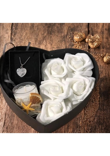 14 Şubat Sevgililer Günü Hediyesi Siyah Kalp Sevgiliye Özel Kutu Süslü Mum Doğal Taş Kolye