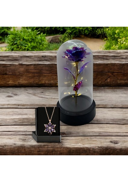 Sevgiliye Özel Kutu Dekoratif LED Işıklı Solmayan Sonsuzluk Gülü ve Sevgiliye Hediye Kelebek Kolye