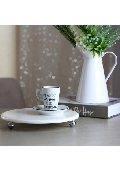 Mermer Beyaz 19 cm Gümüş Boncuk Ayaklı Kahve Sunumluk - Yağ ve Takı Standı