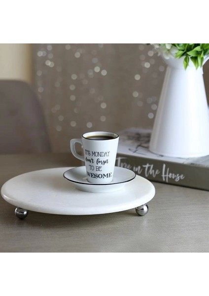 Mermer Beyaz 19 cm Gümüş Boncuk Ayaklı Kahve Sunumluk - Yağ ve Takı Standı