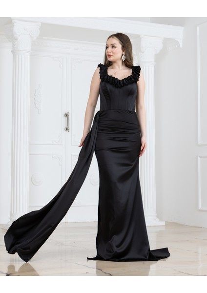 Önü Büzgülü Çiçek Detaylı Abiye Elbise fiyatları