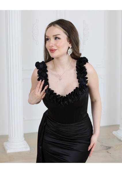 Önü Büzgülü Çiçek Detaylı Abiye Elbise modelleri