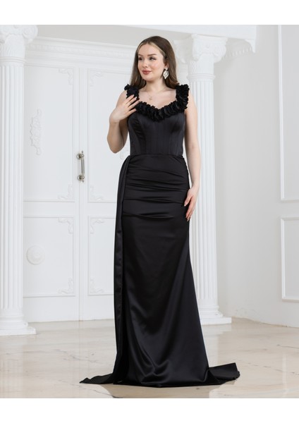 Önü Büzgülü Çiçek Detaylı Abiye Elbise fırsatları