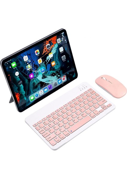 Samsung Galaxy Tab A8 SM-X205C Tablet Uyumlu Mini Slim Şarjlı Bluetooth Klavye ve Mouse Seti | Pembe |