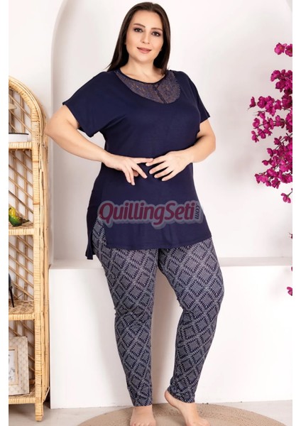 Lacivert Renk ve Desenli 10973 Battal Büyük Beden Kısa Kol Anne Pijama Takımı