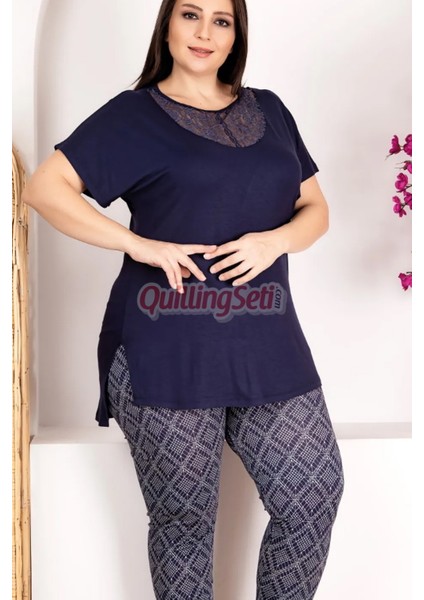 Lacivert Renk ve Desenli 10973 Battal Büyük Beden Kısa Kol Anne Pijama Takımı modelleri