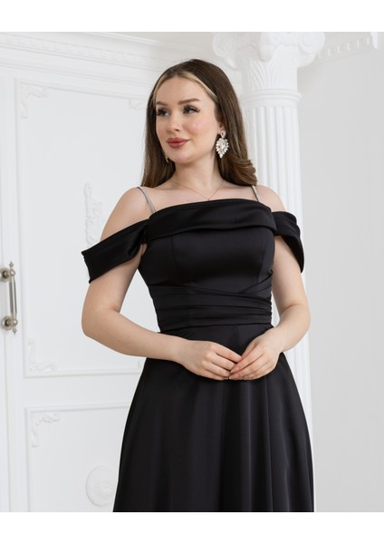 Taş Detaylı Yırtmaçlı Astarlı Saten Abiye Elbise modelleri