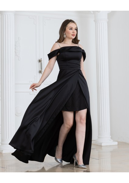 Taş Detaylı Yırtmaçlı Astarlı Saten Abiye Elbise fırsatları