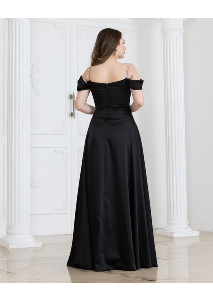 Taş Detaylı Yırtmaçlı Astarlı Saten Abiye Elbise indirimleri