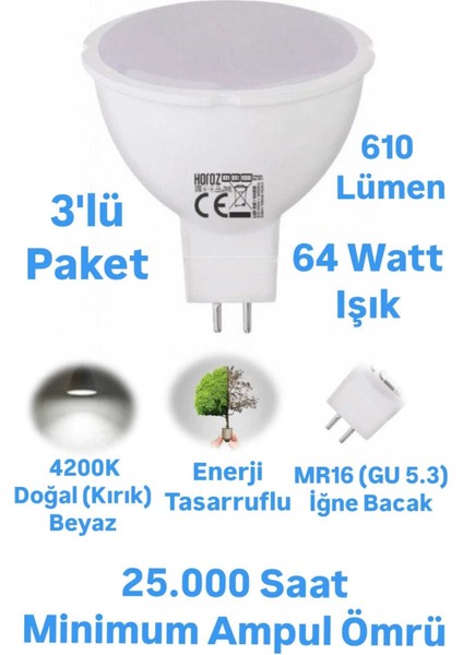 Horoz Elektrik 8W MR16 LED Ampul Doğal Beyaz Işık 610 Lümen Kırık Beyaz Spot Ampul Iğne Bacak Ampul 220 Volt