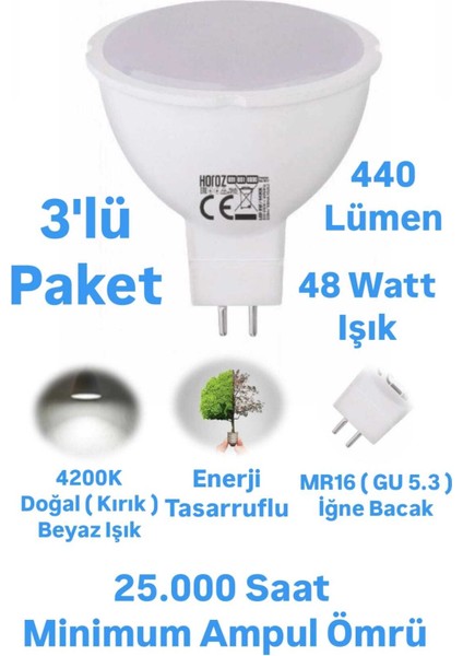Horoz 6W MR16 LED Ampul Doğal Beyaz Işık 440 Lümen Kırık Beyaz Spot Ampul Iğne Bacak Ampul 220 Volt