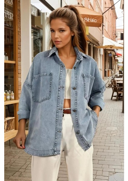 Oversize Cepli Düğmeli Denim Kot Ceket Gömlek KT089
