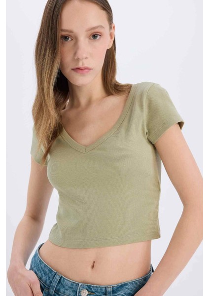 Fitted Fitilli Kaşkorse Basic Düz Kısa Kollu Tişört E0290AX25SM