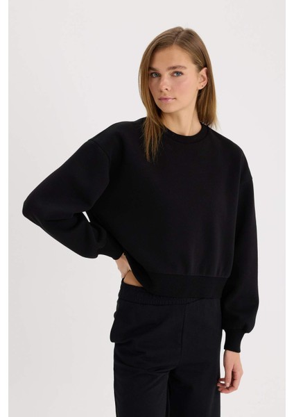 Boxy Fit Bisiklet Yaka Basic Düz Kalın Sweatshirt E4732AX25SP