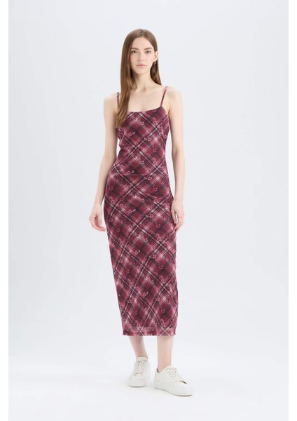 Bodycon Vücudu Saran Kareli Tül Askılı Maxi Elbise D5034AX25SP