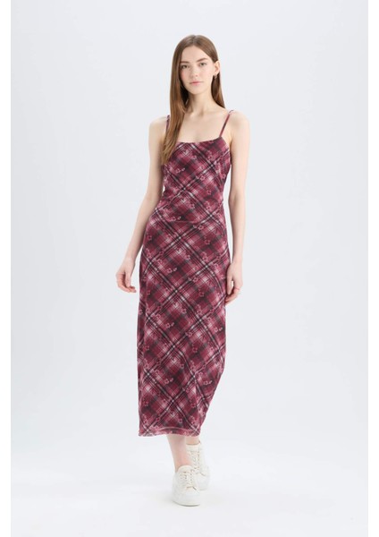 Bodycon Vücudu Saran Kareli Tül Askılı Maxi Elbise D5034AX25SP