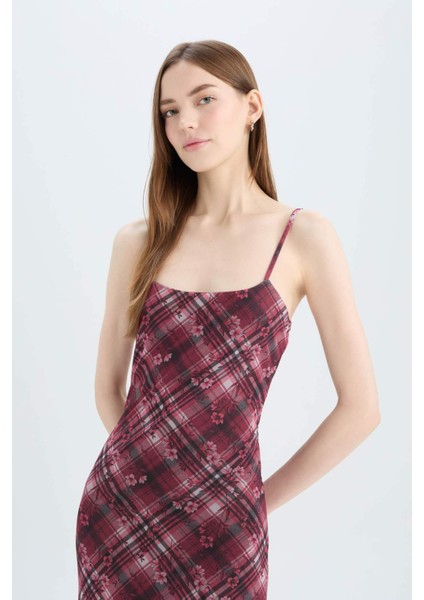 Bodycon Vücudu Saran Kareli Tül Askılı Maxi Elbise D5034AX25SP