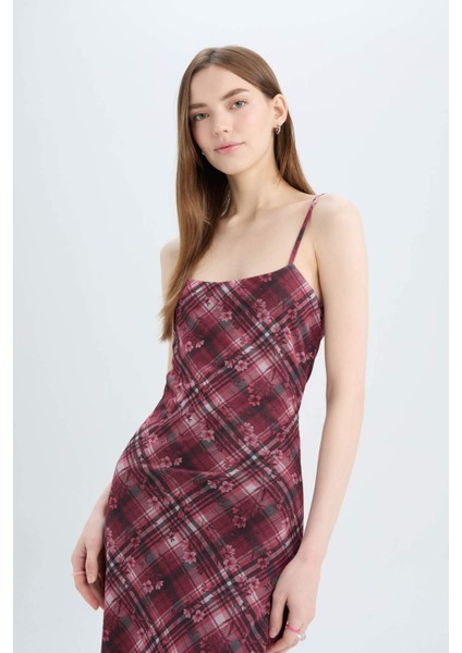 Bodycon Vücudu Saran Kareli Tül Askılı Maxi Elbise D5034AX25SP
