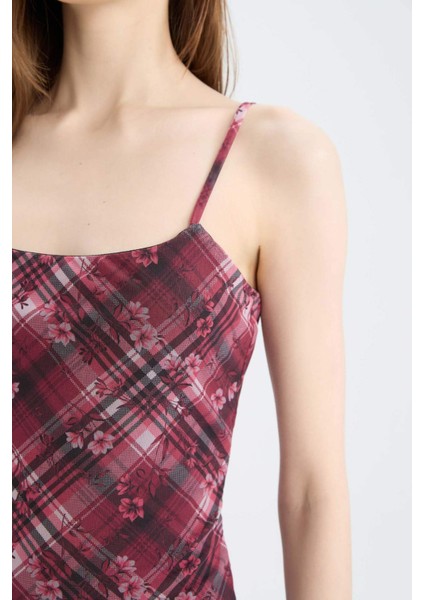 Bodycon Vücudu Saran Kareli Tül Askılı Maxi Elbise D5034AX25SP