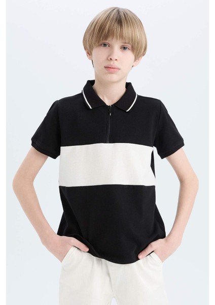 Erkek Çocuk Polo Yaka Renk Bloklu Pike Kısa Kollu Tişört D9415A825SM