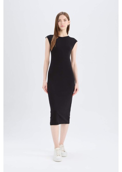 Bodycon Vücudu Saran Bisiklet Yaka Ribana Kısa Kollu Midi Elbise D5220AX25SP